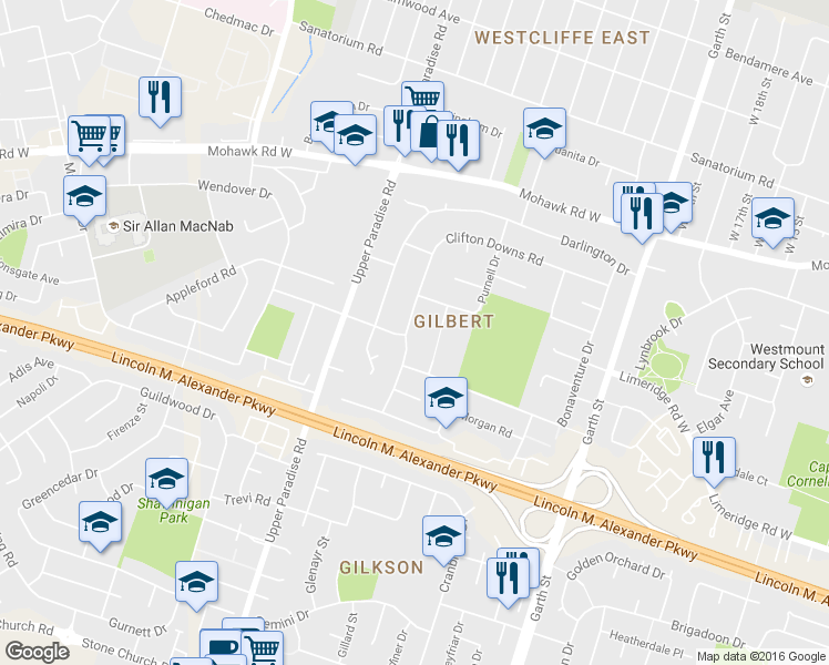map of restaurants, bars, coffee shops, grocery stores, and more near 105 Clifton Downs Road in Hamilton