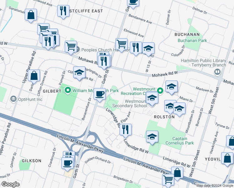 map of restaurants, bars, coffee shops, grocery stores, and more near 51 Kings Mead Court in Hamilton