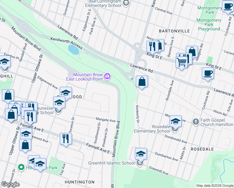 map of restaurants, bars, coffee shops, grocery stores, and more near 352 Mountain Brow Boulevard in Hamilton