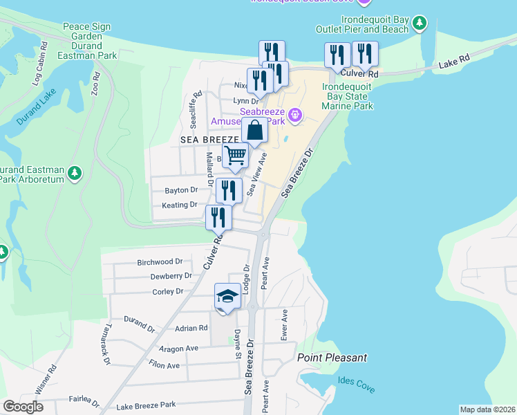 map of restaurants, bars, coffee shops, grocery stores, and more near 40 Topper Drive in Rochester