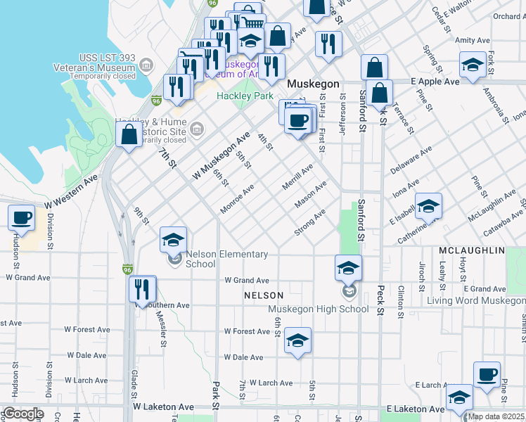 map of restaurants, bars, coffee shops, grocery stores, and more near 321 Merrill Avenue in Muskegon