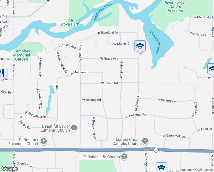 map of restaurants, bars, coffee shops, grocery stores, and more near 3155 West Ranch Road in Mequon