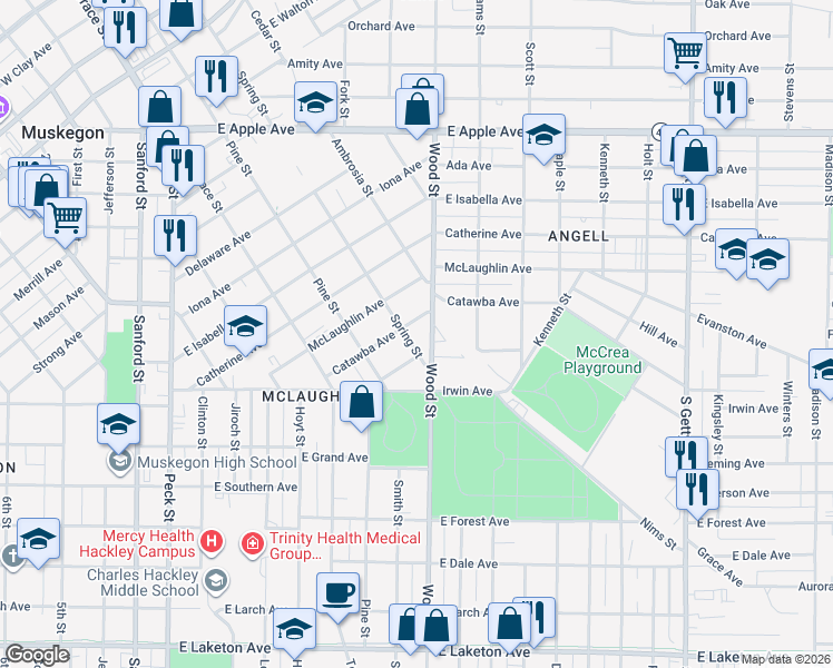 map of restaurants, bars, coffee shops, grocery stores, and more near 1320 Spring Street in Muskegon