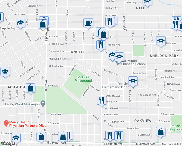map of restaurants, bars, coffee shops, grocery stores, and more near 739 Hill Avenue in Muskegon