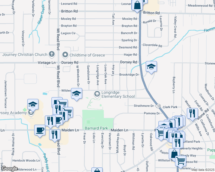 map of restaurants, bars, coffee shops, grocery stores, and more near 231 Lone Oak Avenue in Rochester