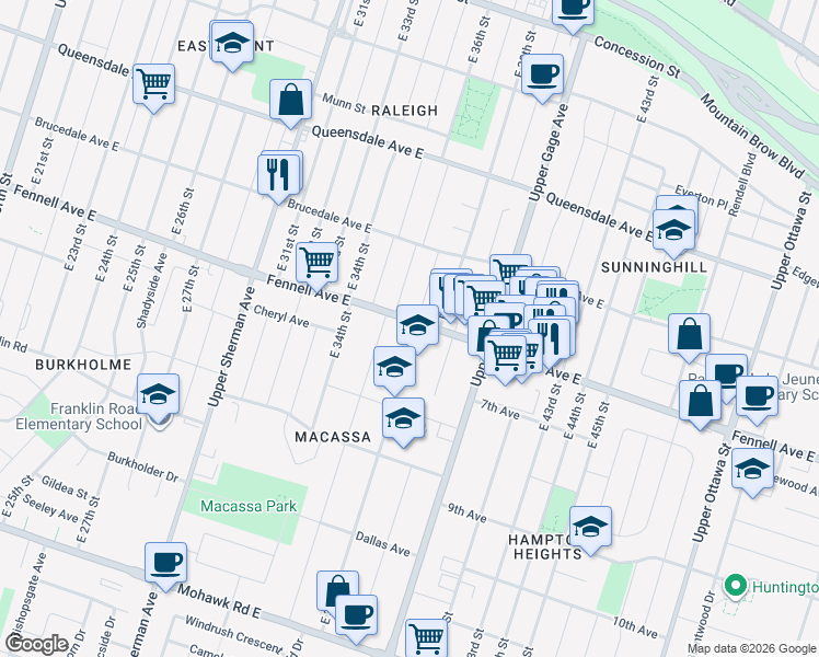 map of restaurants, bars, coffee shops, grocery stores, and more near 294 East 37th Street in Hamilton