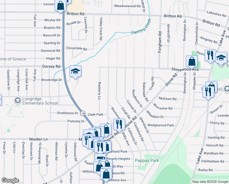map of restaurants, bars, coffee shops, grocery stores, and more near 166 Estall Road in Rochester