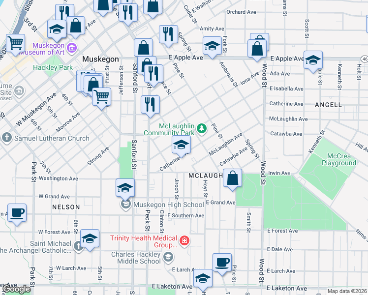 map of restaurants, bars, coffee shops, grocery stores, and more near 1318 Ransom Street in Muskegon