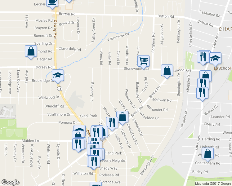 map of restaurants, bars, coffee shops, grocery stores, and more near 130 Conrad Drive in Rochester