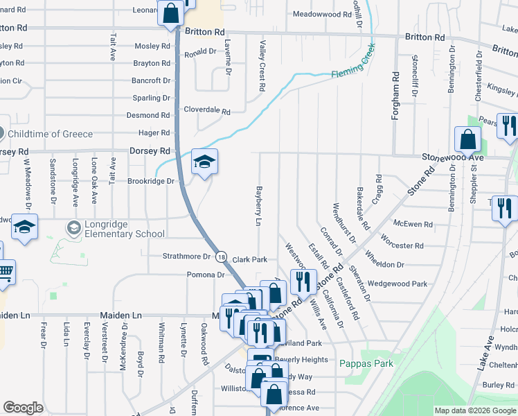 map of restaurants, bars, coffee shops, grocery stores, and more near 107 Bayberry Lane in Rochester