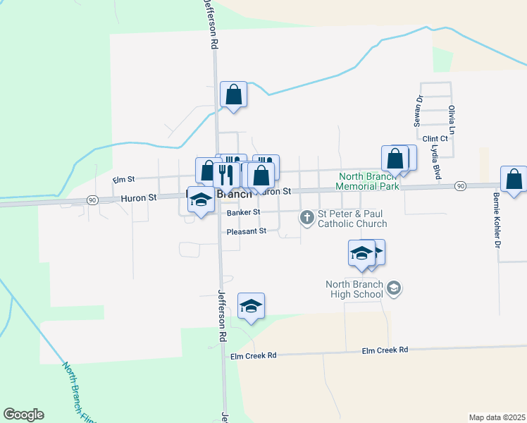 map of restaurants, bars, coffee shops, grocery stores, and more near 4110 Banker Street in North Branch