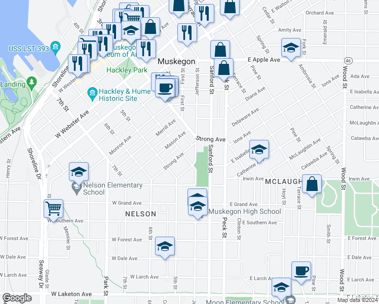 map of restaurants, bars, coffee shops, grocery stores, and more near 143 Strong Avenue in Muskegon