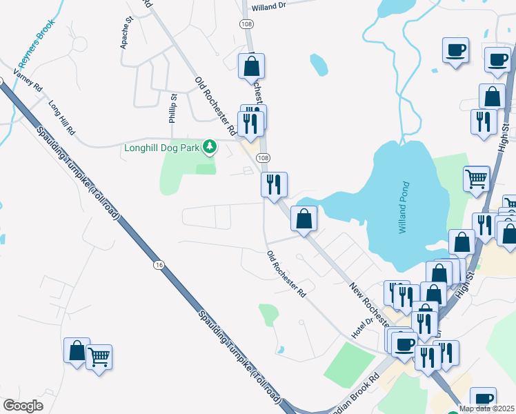 map of restaurants, bars, coffee shops, grocery stores, and more near 48 Old Rochester Road in Dover
