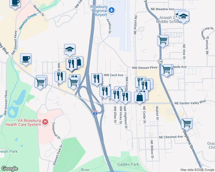 map of restaurants, bars, coffee shops, grocery stores, and more near 1538 Northwest Eden Street in Roseburg