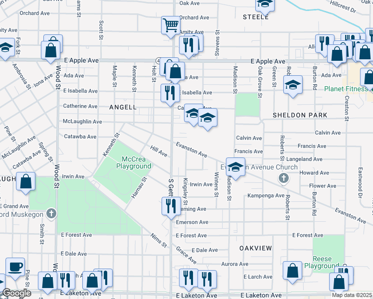 map of restaurants, bars, coffee shops, grocery stores, and more near 1212 Kingsley Street in Muskegon