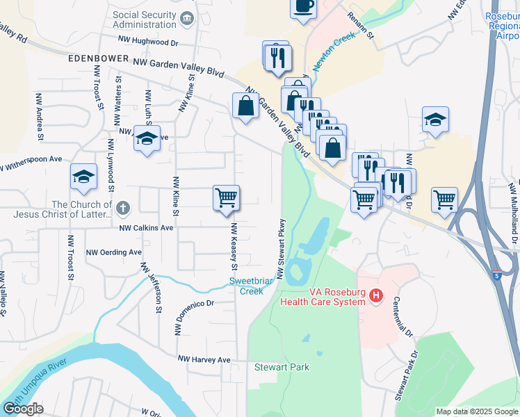 map of restaurants, bars, coffee shops, grocery stores, and more near 1409 Northwest Ulrich Court in Roseburg