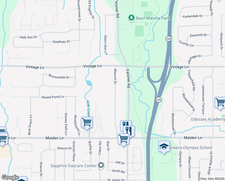 map of restaurants, bars, coffee shops, grocery stores, and more near 201 Mascot Drive in Greece