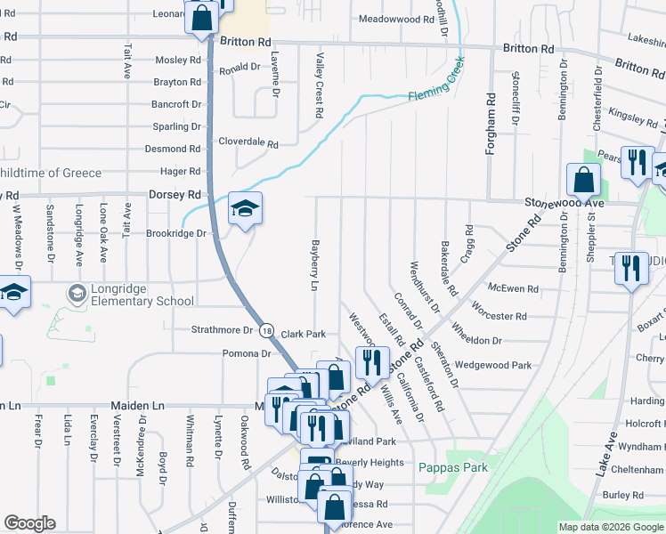 map of restaurants, bars, coffee shops, grocery stores, and more near 107 Bayberry Lane in Rochester