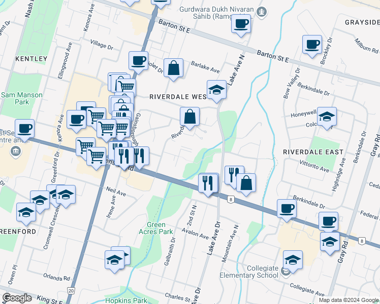 map of restaurants, bars, coffee shops, grocery stores, and more near 75 Glenburn Court in Hamilton