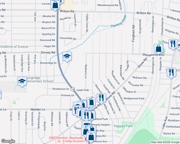 map of restaurants, bars, coffee shops, grocery stores, and more near 232 Almay Road in Rochester
