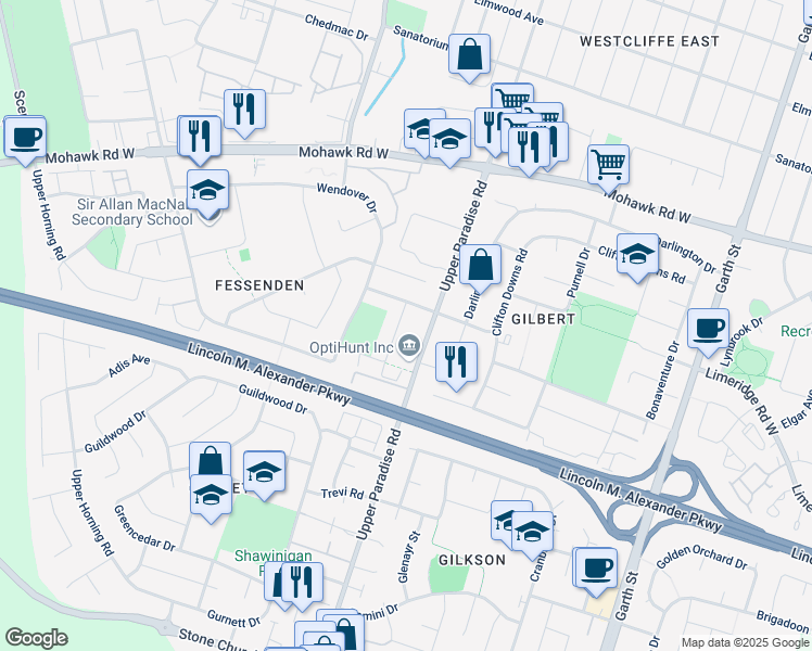 map of restaurants, bars, coffee shops, grocery stores, and more near 19 Fonthill Road in Hamilton