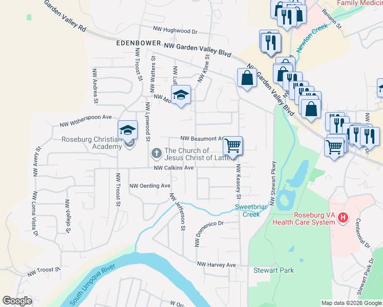 map of restaurants, bars, coffee shops, grocery stores, and more near 1653 Northwest Wanell Street in Roseburg