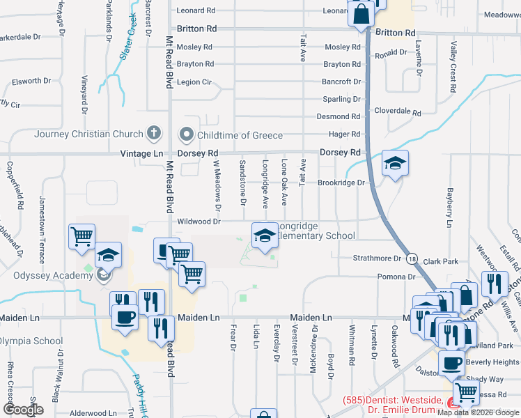 map of restaurants, bars, coffee shops, grocery stores, and more near 228 Longridge Avenue in Rochester