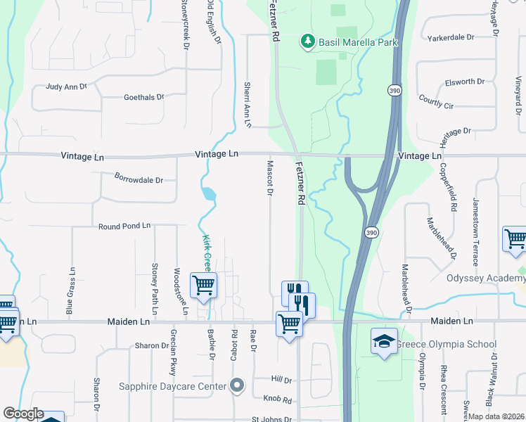 map of restaurants, bars, coffee shops, grocery stores, and more near 201 Mascot Drive in Greece