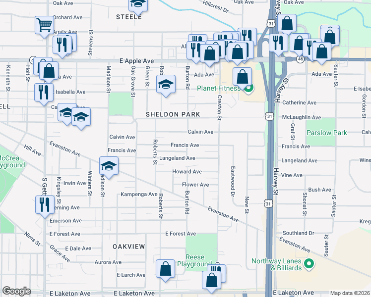 map of restaurants, bars, coffee shops, grocery stores, and more near 1277 Francis Avenue in Muskegon