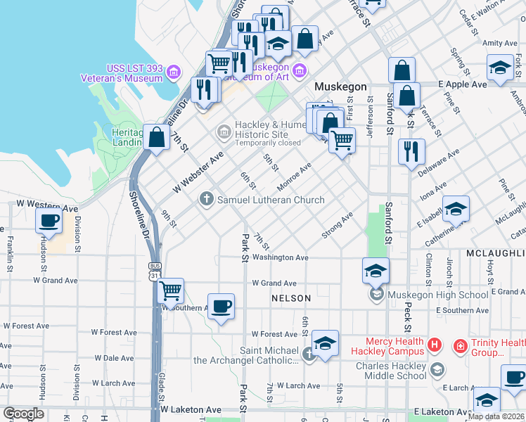 map of restaurants, bars, coffee shops, grocery stores, and more near 1303 6th Street in Muskegon