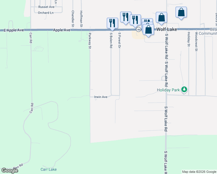 map of restaurants, bars, coffee shops, grocery stores, and more near 1348 South Bolen Road in Muskegon
