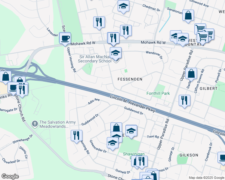 map of restaurants, bars, coffee shops, grocery stores, and more near 250 Magnolia Drive in Hamilton