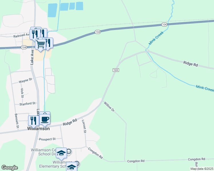 map of restaurants, bars, coffee shops, grocery stores, and more near 4325 County Road 103 in Williamson