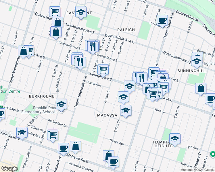 map of restaurants, bars, coffee shops, grocery stores, and more near 51 Cheryl Avenue in Hamilton