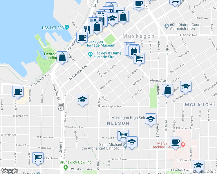 map of restaurants, bars, coffee shops, grocery stores, and more near 1303 6th Street in Muskegon