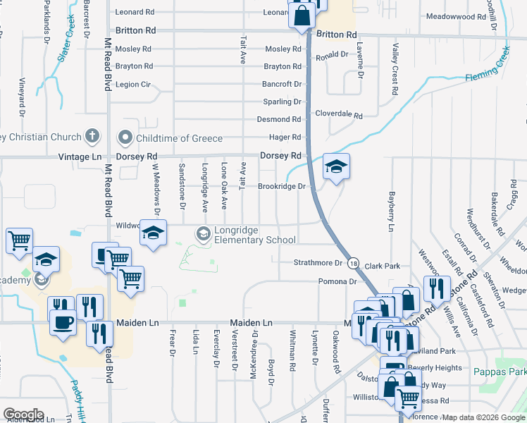 map of restaurants, bars, coffee shops, grocery stores, and more near 239 Cravenwood Avenue in Rochester