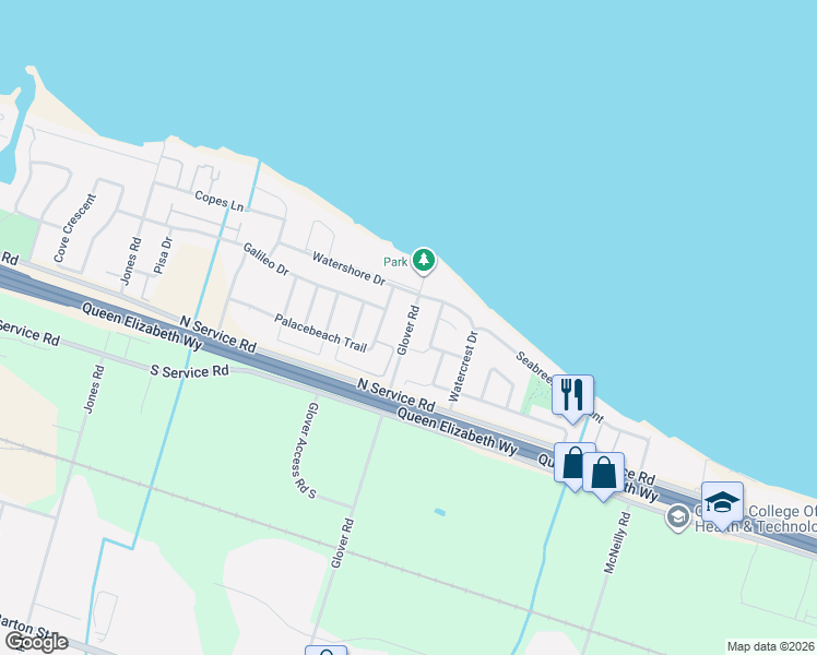 map of restaurants, bars, coffee shops, grocery stores, and more near 481 Glover Road in Hamilton