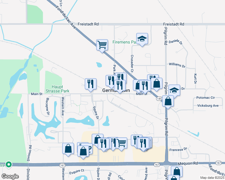 map of restaurants, bars, coffee shops, grocery stores, and more near N116W16218 Main Street in Germantown