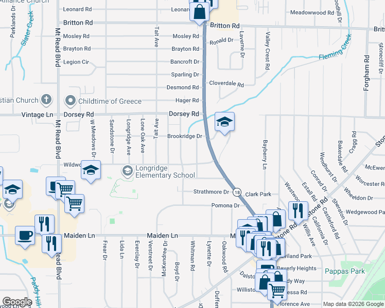 map of restaurants, bars, coffee shops, grocery stores, and more near 59 Veness Avenue in Rochester