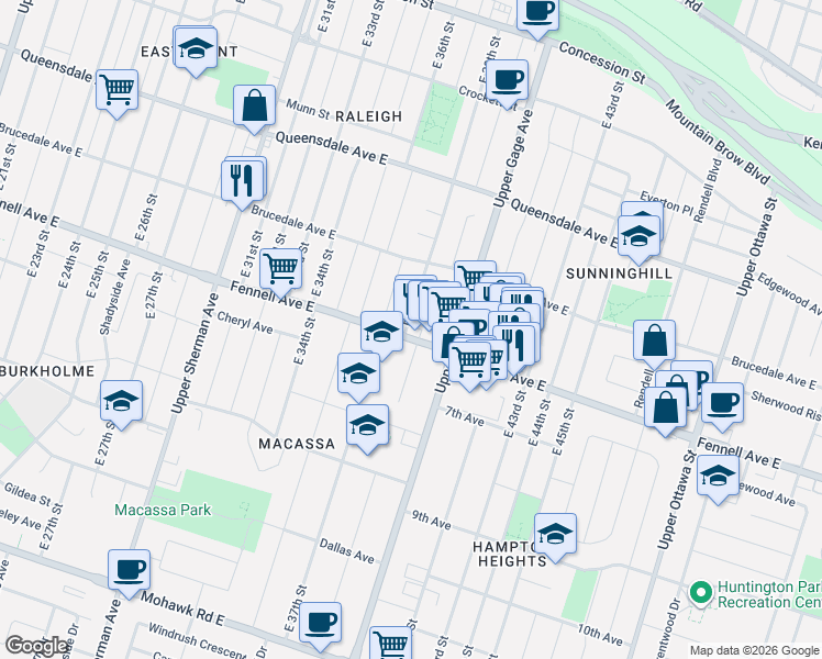 map of restaurants, bars, coffee shops, grocery stores, and more near 929 Fennell Avenue East in Hamilton