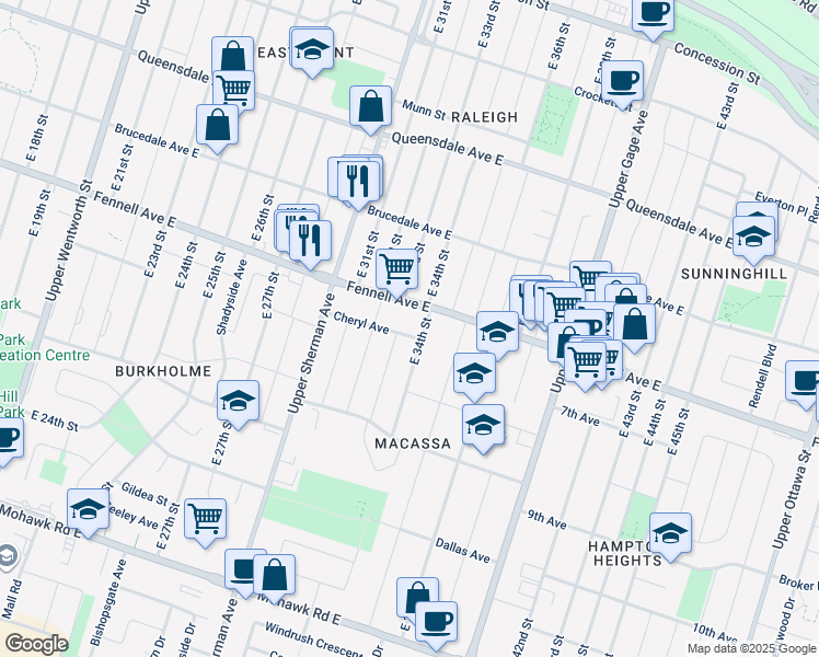 map of restaurants, bars, coffee shops, grocery stores, and more near 49 Cheryl Avenue in Hamilton