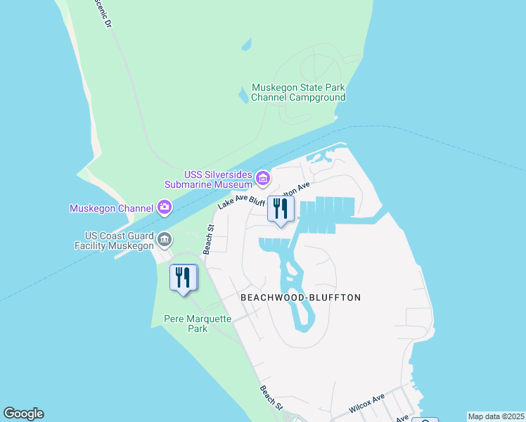 map of restaurants, bars, coffee shops, grocery stores, and more near 3708 Channel View Point in Muskegon