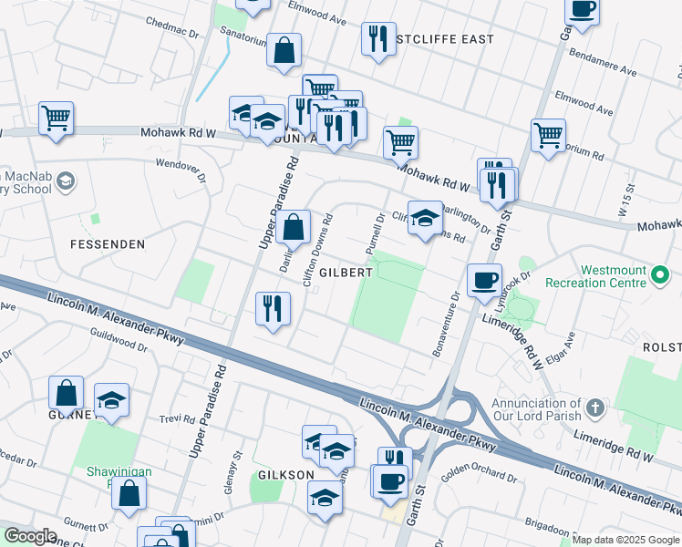 map of restaurants, bars, coffee shops, grocery stores, and more near 77 Purnell Drive in Hamilton
