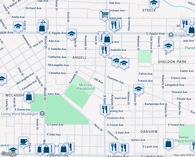map of restaurants, bars, coffee shops, grocery stores, and more near 748 Hill Avenue in Muskegon