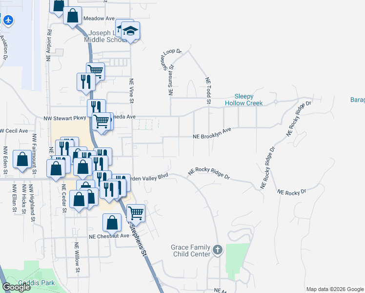 map of restaurants, bars, coffee shops, grocery stores, and more near 1551 Northeast Morris Street in Roseburg