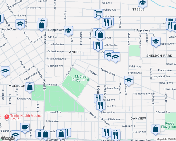 map of restaurants, bars, coffee shops, grocery stores, and more near 720 Hill Avenue in Muskegon