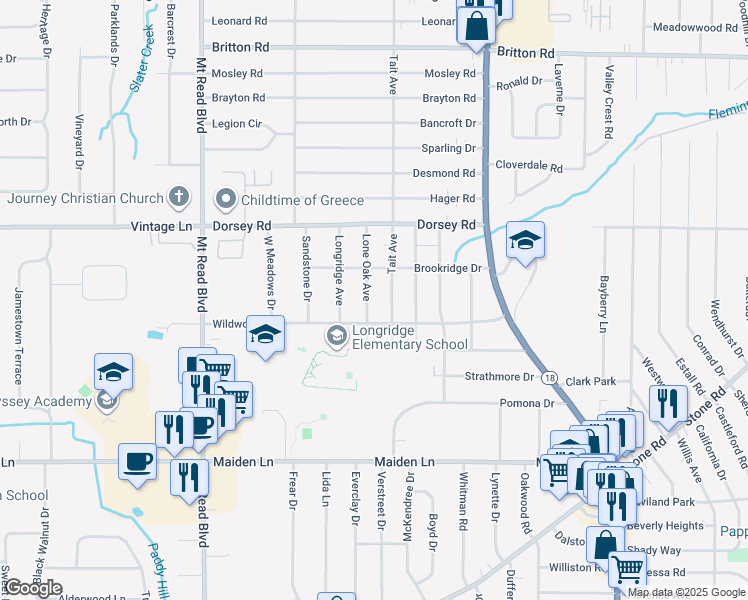 map of restaurants, bars, coffee shops, grocery stores, and more near 231 Lone Oak Avenue in Rochester