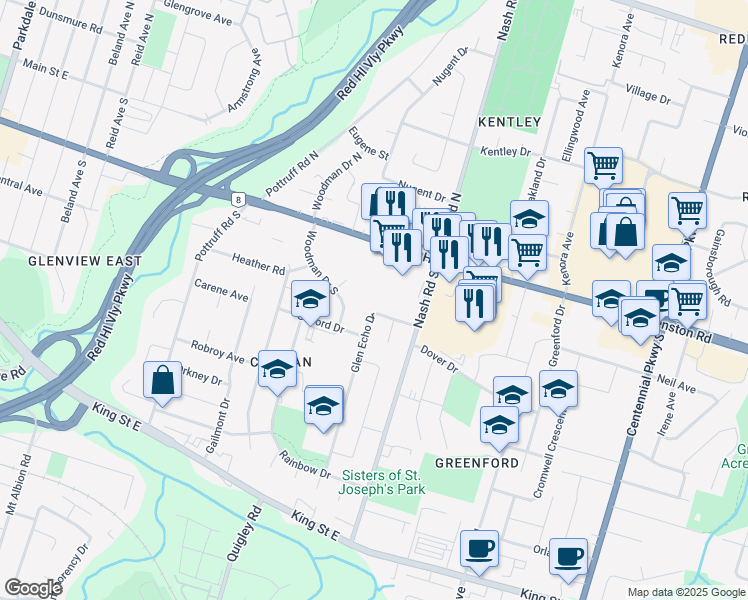 map of restaurants, bars, coffee shops, grocery stores, and more near 10 Glen Echo Drive in Hamilton