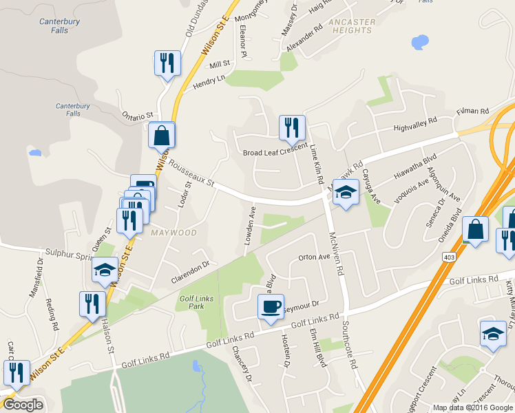 map of restaurants, bars, coffee shops, grocery stores, and more near 142 Mohawk Road in Hamilton
