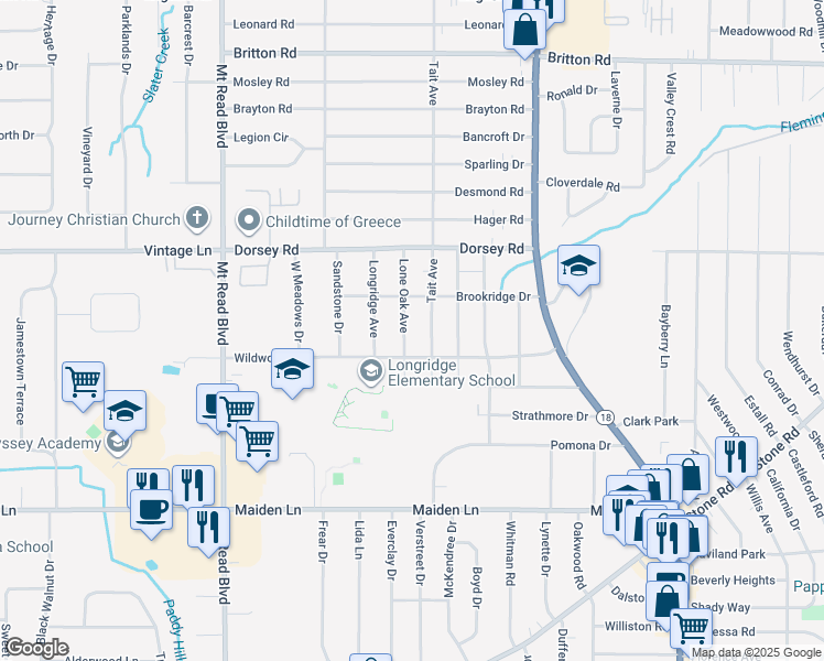 map of restaurants, bars, coffee shops, grocery stores, and more near 231 Lone Oak Avenue in Rochester